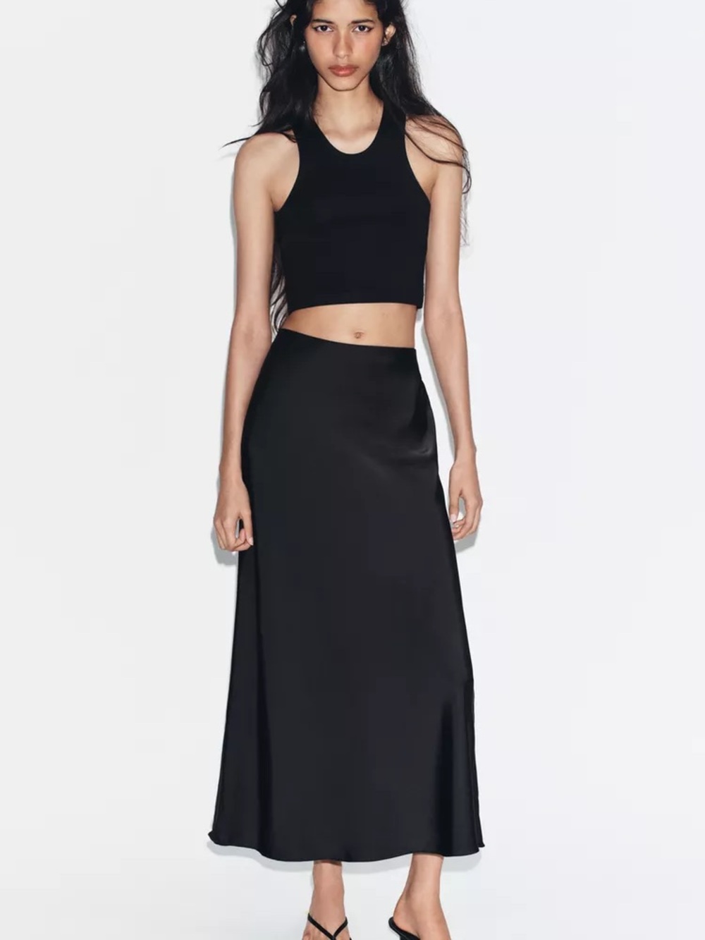 Zara Black Satin Midi Bias Skirt